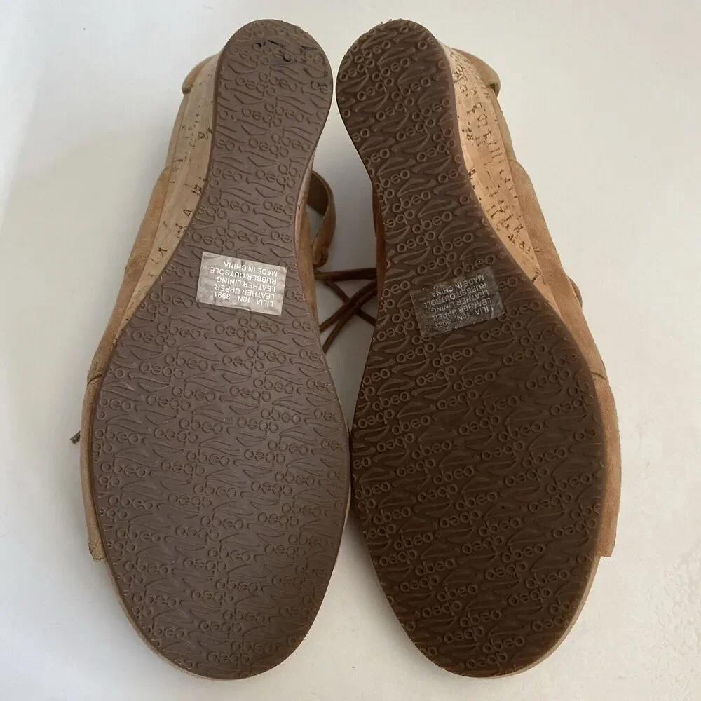 Abeo Lilia Tan Suede Cork Wedge Sandal Beige Brown Open Toe Strappy Tie …